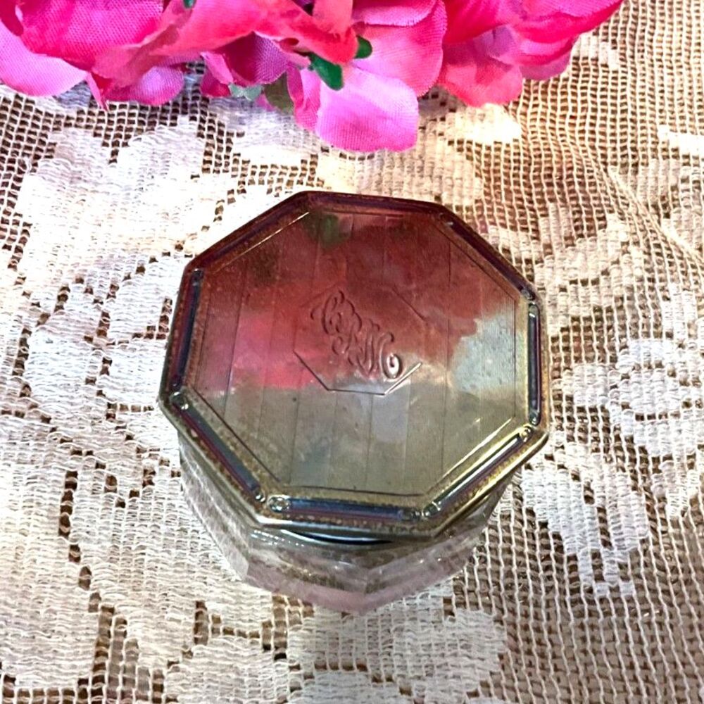 Vintage Art Deco Sterling Silver Top glass vanity jar monogram CRM